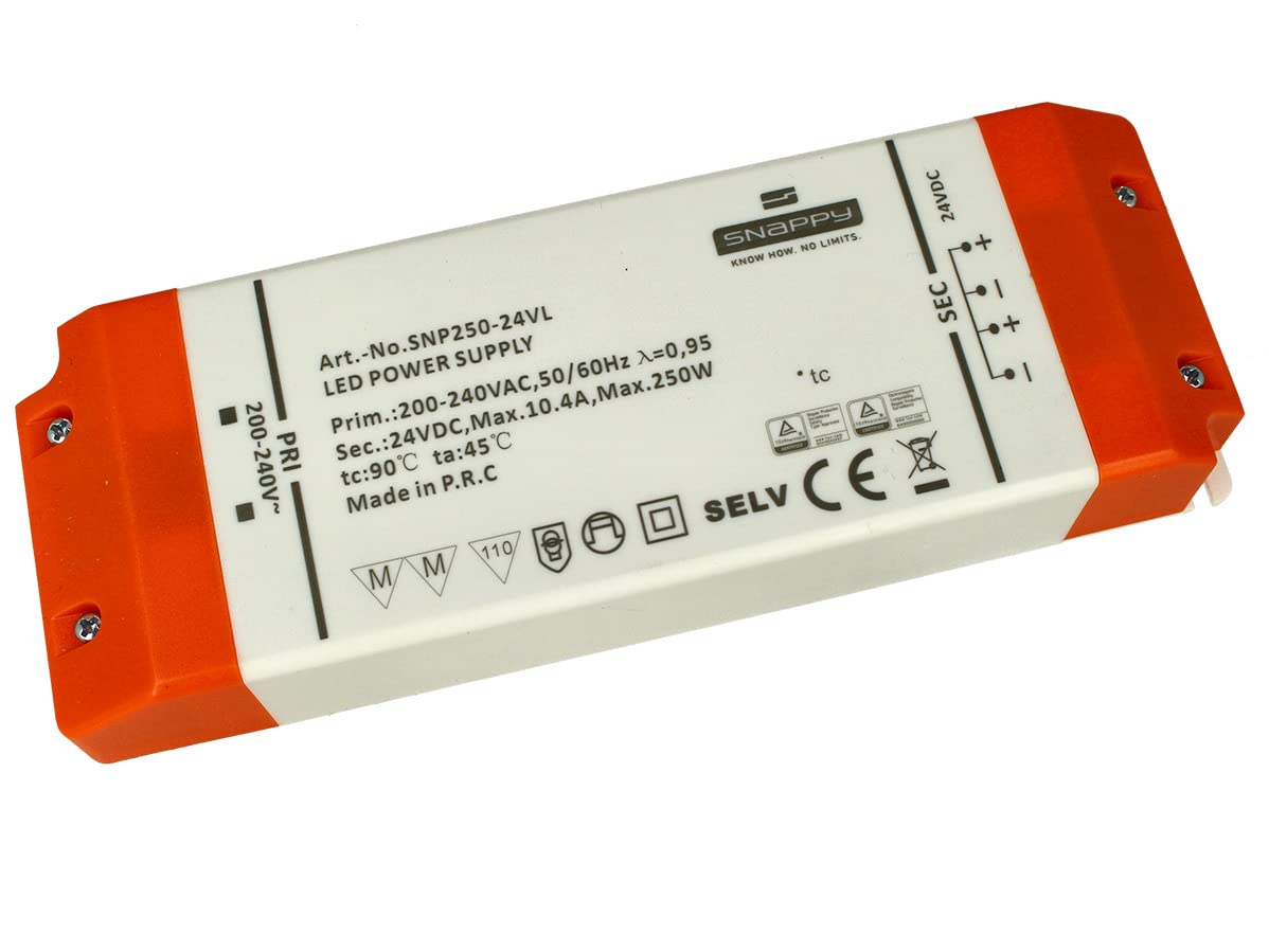 Transformador Slim de 24 V, fuente de alimentación delgada DC24 V, diseño plano, ideal para tira de LED de 24 V, instalación en el mueble (250 W, 10,4 A, 195 x 67 x 31 mm)