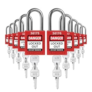 TRADESAFE Lockout Tagout Locks Set – 10 Red Loto Locks, Lockout Locks Keyed Different, 2 Keys Per Lock, OSHA Compliant Lock Out Tag Out Padlocks, Safety Padlocks for Electrical Lockout Tag Out Kits