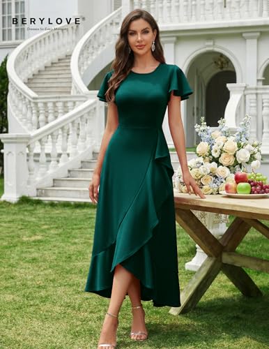 Image of BeryLove Women Formal Party Dress Flutter Short Sleeve Wedding Cocktail Long Evening Dress