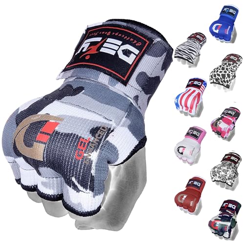 DEFY Padded Inner Gloves Quick 75cm Long Strap â€“ Inner Boxing Gloves Gel Padded Knuckle Protection â€“ Elasticated Boxing Hand Wraps for MMA Muay Thai Kickboxing Martial Arts Pair (White Camo, Small)