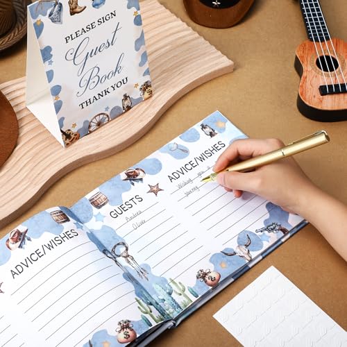 Image of Fuyoooo 27 Pcs Baby Shower Guest Book Baby Shower Sign in Guest Book Reception with Sonogram Page Keepsake Includes Gold Pen Table Card and Adhesive Photo Corner for Birthday(Western Cowboy)