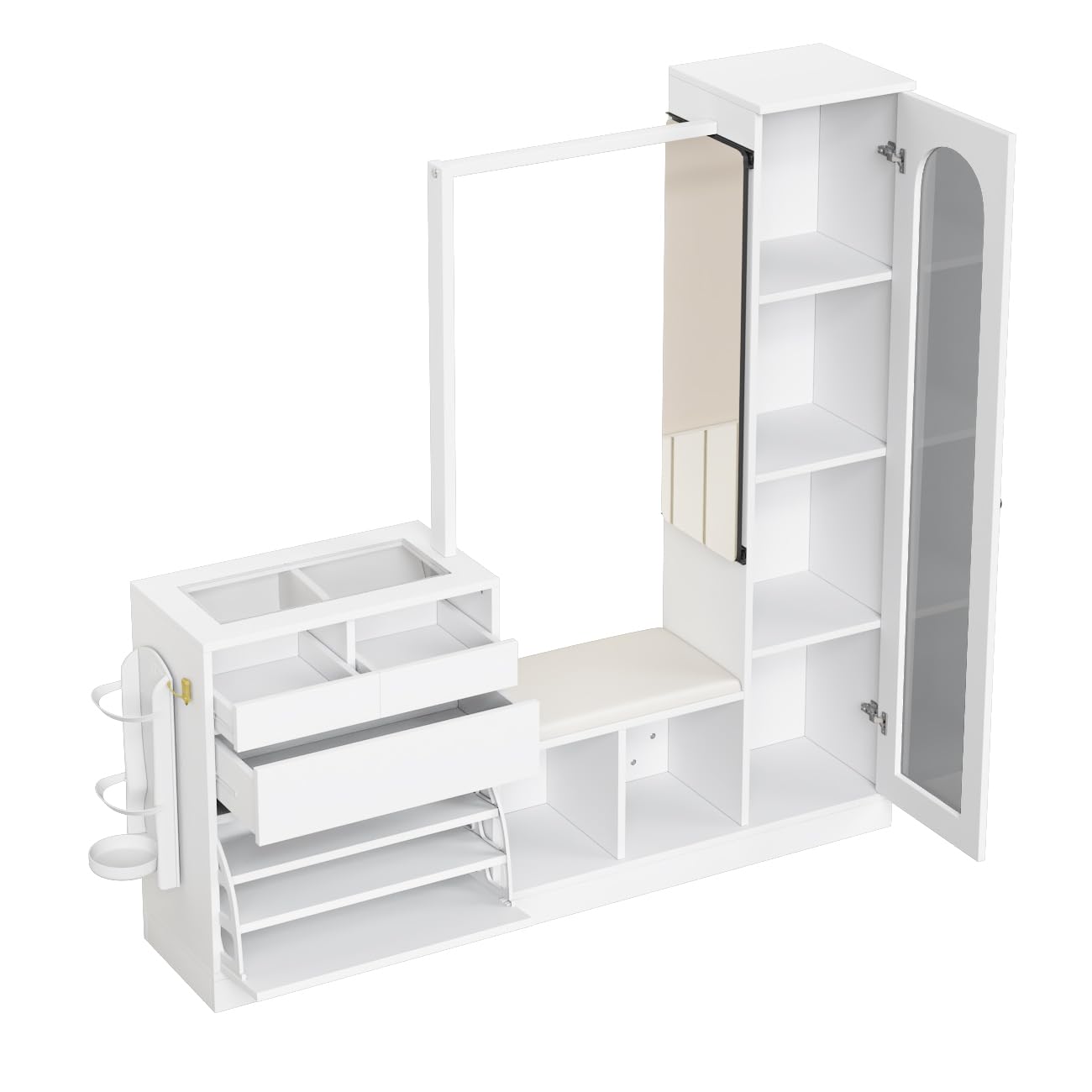 LAKFEW 6 en 1 Juego de Perchero, Perchero Entrada Recibidor con Espejo y Luz LED, Mueble Recibidor con 3 Cajones y 2 Puertas, Conjunto de Mueble Entrada Recibidor Percheros, 163x35x161 cm, Blanco