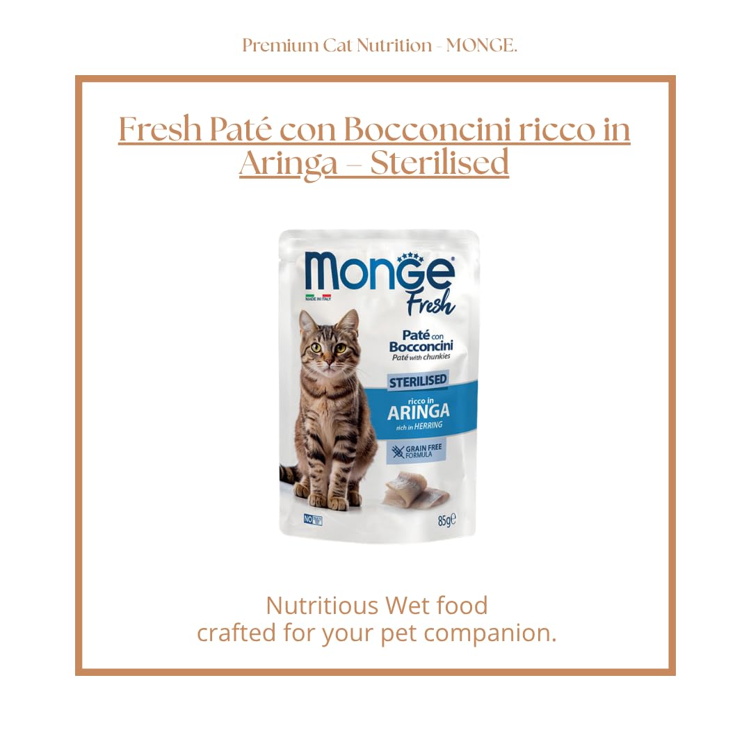 Monge Fresh Paté pour chat avec friandises riche en hareng – Stérilised | nourriture humide complète pour chats adultes stérilisés, 12 sachets de 85 g chacun.
