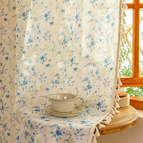 Image of MYSKY HOME Floral Boho Linen Curtains 96 Inches Length 2 Panels Set Blue Flower Patterned Semi Sheer Spring Vintage Farmhouse Window Curtains with Tassel Beige Back Tab Dining Room, W50, Blue,