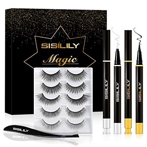 SISILILY Non Magnetic Eyelashes with Eyeliner, Glue Free Mink Magnetic Lashes Kits with 2 Liquid Eyeliner 5 Reusable Waterproof False Eyelashes and Eyelash Tweezers (5 Style)