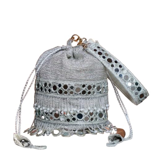 Shimmer Fabric Potli Bag for Women | Handcrafted Mirror Work & Pearl Embellished Ethnic Potli Purse | Designer Bridal Handbag for Wedding, Party & Gifting | 21 x 15 cm-image-45