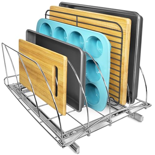 LYNK PROFESSIONAL® Pull Out Cutting Board, Baking Pan, and Cookie Sheet Organizer for Cabinet - Lifetime Ltd. Warranty - Slide Out Kitchen Cabinet Organizers – 14” x 21” Deep – Pull Out Drawer, Chrome