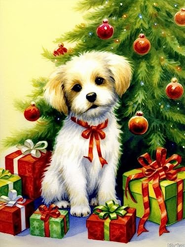 Reofrey DIY Diamond Art Kits for Adults Dog, Christmas Full Drill Round Rhinestone Diamond Painting Kits, Cross Stitch Embroidery for Crafts Home Wall Decor 30x40cmO9