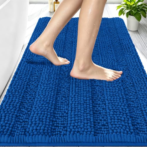 Image of Smiry Thick Chenille Bathroom Rugs 30x20, Soft Bath Mat, Deep Navy Blue | Quick‑Dry & Machine Washable, Non‑Slip Bath Carpet, Striped Bath Rugs for Tub & Shower, Modern Home Decor Accessories