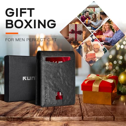 Image of RUNBOX Wallet for Men Slim Leather Bifold RFID Blocking Minimalist Front Pocket Design with Gift Box | Minimalist Front Pocket Design, Holds 8 Cards, RFID Protection, Gifts for Men on Birthdays, Father's Day, and Christmas