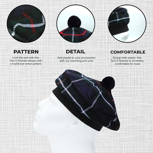 Image of Scottish Tam O' Shanter Hat Tartan Bonnet Pom Pom Wool Flat Cap One Size