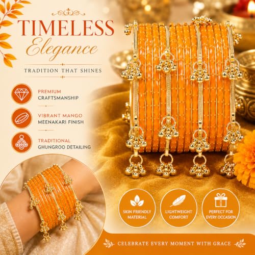 Image of JPS 16 Pcs Trendy Stylish Glass & Kashmiri Ghungroo Bangles Set for Women & Girls | Gold-Plated Traditional Festive Wedding Party Jewellery Chudi Set (12 Glass + 4 Metal)