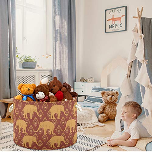 Image of visesunny Storage Basket Brown Elephant Peacock Feather Ethnic Indian Nursery Hamper Basket Clothes Toy Storage Organizer Bin Box Collapsible Laundry Bag for Kid Room,Playroom,Bathroom,Living Room,Dor