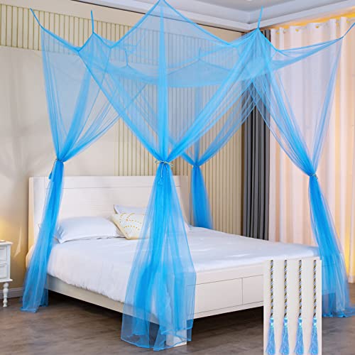 Obrecis Mosquito Net Bed Canopy for Girls & Boys, 8 Corner Post Blue Canopy Bed Curtains Mosquito Netting Bed Tent Canopy for Bed Hanging Princess Canopy Bedroom Decor Twin Full Queen King Size Bed