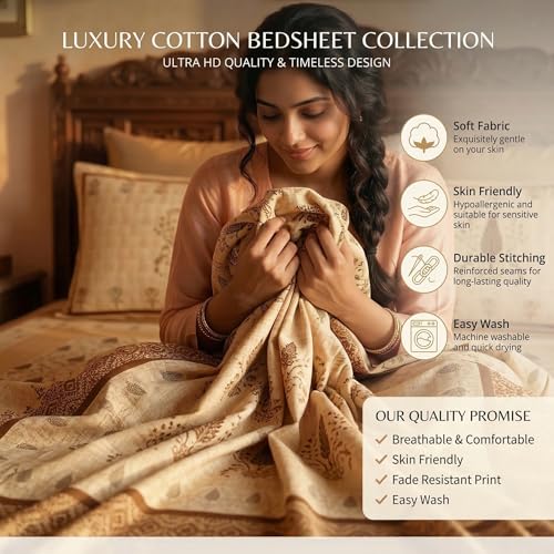 Image of BSB HOME 240 TC Cotton King Size Bedsheet, Premium Soft Double Bed Sheet, Breathable & Skin Friendly Bed Cover, Elegant Printed Bedsheet, Durable, 90 x 100 Inches (229 x 254 cm) - Honey Beige