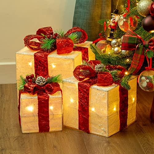The Christmas Workshop Set of 3 Light-Up Christmas Boxes With Red Bow/Indoor Christmas Decorations / 65 Warm White LED Lights/Battery Operated/Timer Functionality - Image 6
