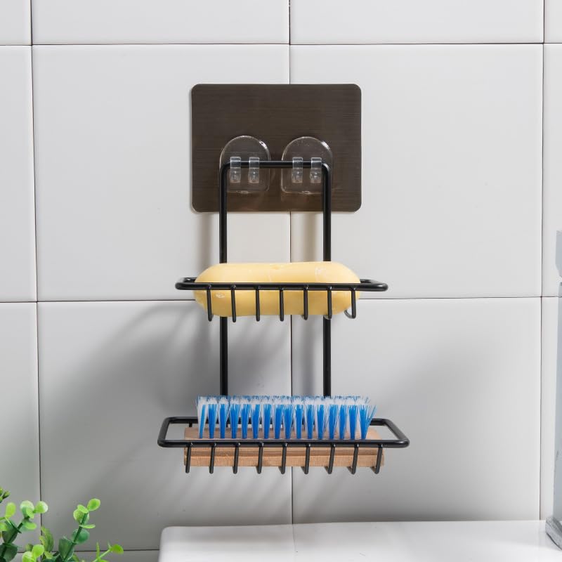 Image of 2-Tier Wall Mounted Soap Holder for Bathroom | Self Adhesive Soap Dish Rack | Rustproof Metal Shower Organizer | Strong Sticker Mount, No Drill, Space Saving Storage Shelf