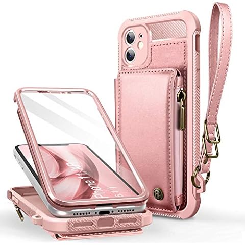 Dracool for iPhone 11 Case with Card Holder and Screen Protector Wallet Case PU Leather Shockproof Silicone Bumper 360 Full Body Protection RFID Blocking Magnetic Zipper Strap - Rose Gold Cover