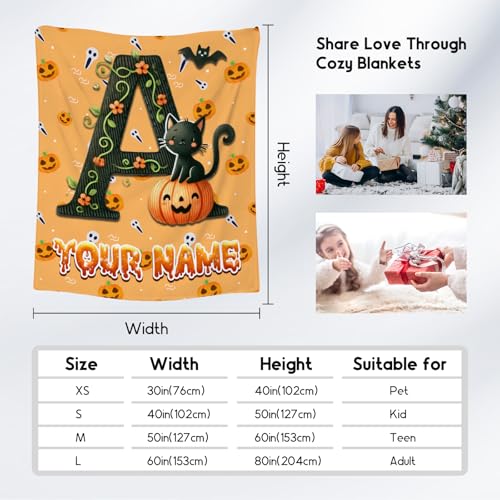Halloween Blanket - Personalized Cat Initial Gifts for Kids - Custom Flannel Cozy Pumpkin Blankets for Halloween Decor
