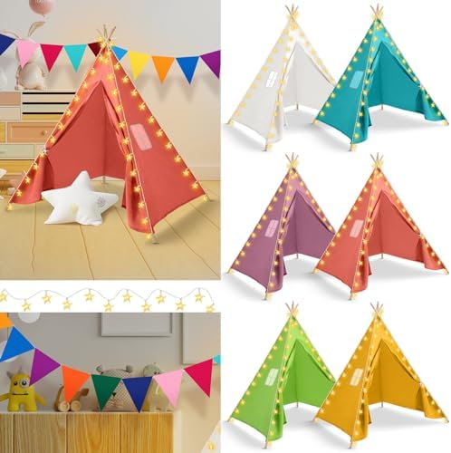6 Set Kids Teepee Tent, Kids Play Tent with String Lights Banner Foldable Washable Play Tent Toddler Indoor Outdoor Playhouse Large Teepee for Boys Girl Indoor Outdoor (Bright Color,63 Inch)