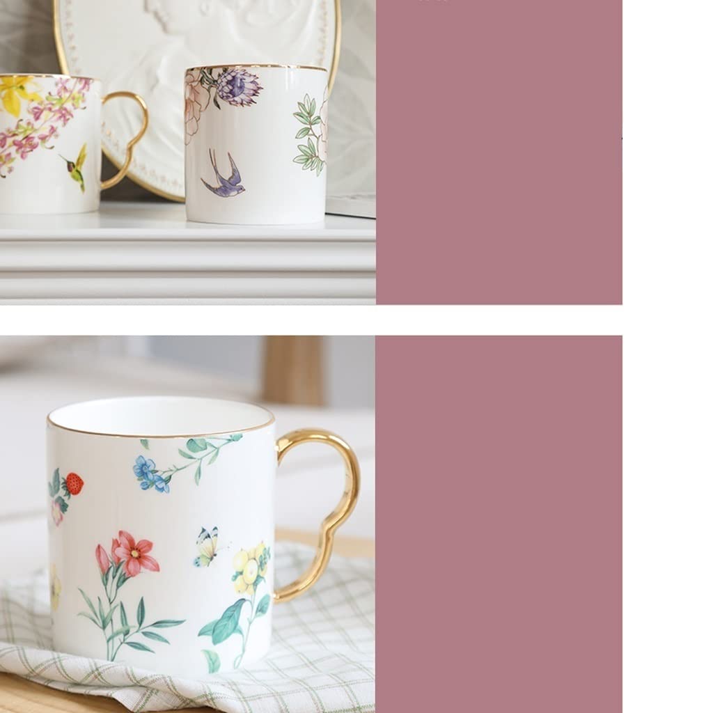 BONAD Podróżny kubek do kawy kubek porcelana kostna domowa filiżanka do herbaty para filiżanka do kawy kreatywny wzór kwiatu i ptaka filiżanka do herbaty kubek na mleko kubek do kawy (kolor: E)