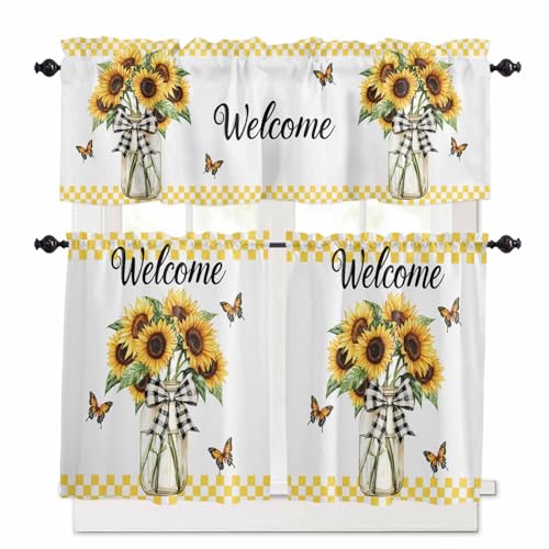 Spring Sunflower Kitchen Curtains 36 Inch Length, 3 Piece Rod Pocket Small Half Tiers and Valance Set, Vase Butterfly Yellow Plaid Artwork Small Large Window Treatment Decor for Bedroom/Bathroom Sink