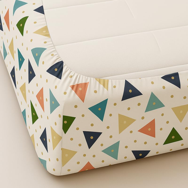 Image of Fitted Sheet Multicolor Geometric Triangle Print Glace Cotton 140 TC King Size (72x78 Inch) with 2 Pillow Covers (18x28 Inch) Deep Pocket up to 10 Inches - Soft & Comfortable