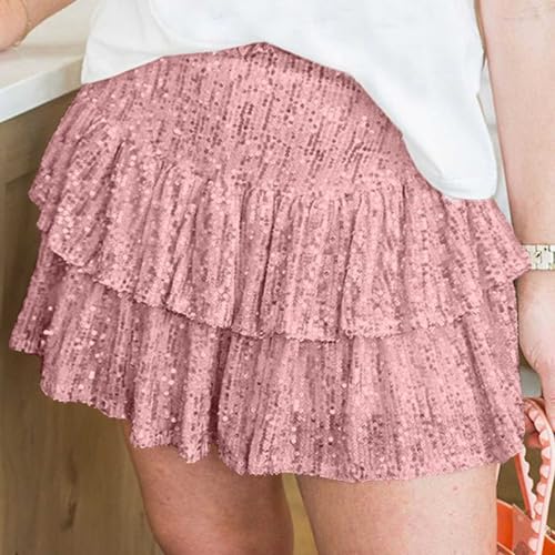 Women's Sequin Skirt Sparkly Cute High Waist Ruffle Flowy Shiny Glitter Mini Short Skirts Night Out Club Party4