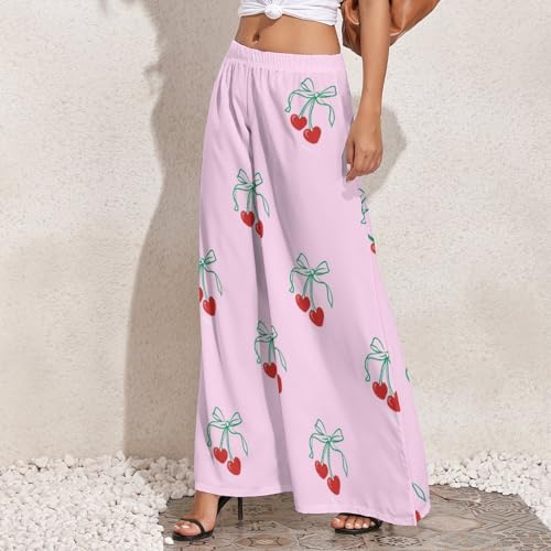 Womens Wide Leg Pants Red Cherry with Green Bow Dressy High Waist Trousers Casual Loose Flowy Palazzo Pants3