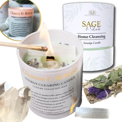 Sage Candles for Cleansing House w/ Selenite, Quartz – Candles with Crystals Inside – Sage Smudge Eucalyptus Candles – Manifestation Candle – Sage Candle – Crystal Candle for Positive Energy