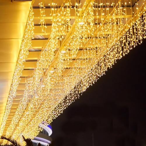 JAMISAY LED Icicle Lights 8 Modes 16.4FT 112 LEDs Christmas Short Curtain Fairy Hanging Ceiling Extendable Lights for Wedding Balcony Doorway Outdoor Indoor Decoration Warm White 5M04