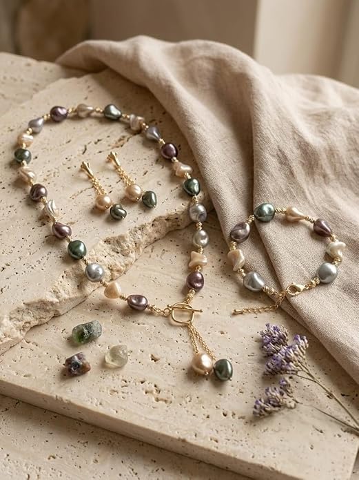 Set Gioielli con Perle Barocche Multicolore e Oro