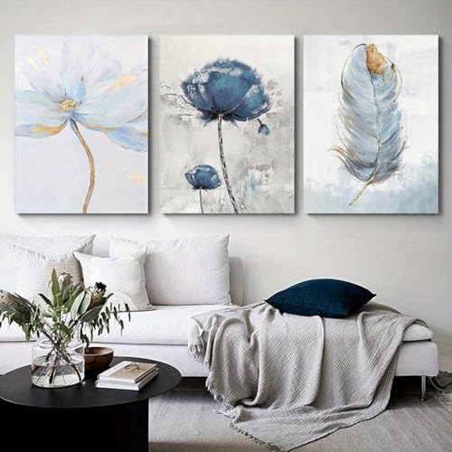 Tableau sur toile fleur bleue et plume dorée 60x85cm x3 avec cadre noir pour salon