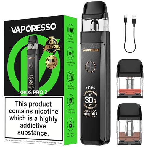Vaporesso Xros Pro 2 Vape Kit [Glittering Black] - Available in 7 colours - 2A Fast Charge in 30 mins 2000mAh Battery 30W Output 0.96 TFT - Compatible with all Vaporesso Xros Pod - No Nicotine