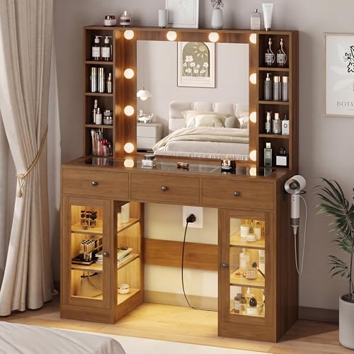 Image of HUANLEGO Walnut Vanity Desk with Mirror and Lights, Glass Top Vanity with Lighted Mirror & RGB Glass Cabinet and 3 Drawers, Makeup Vanity Desk with Lights Dressing Table for Bedroom, 3 Color Modes