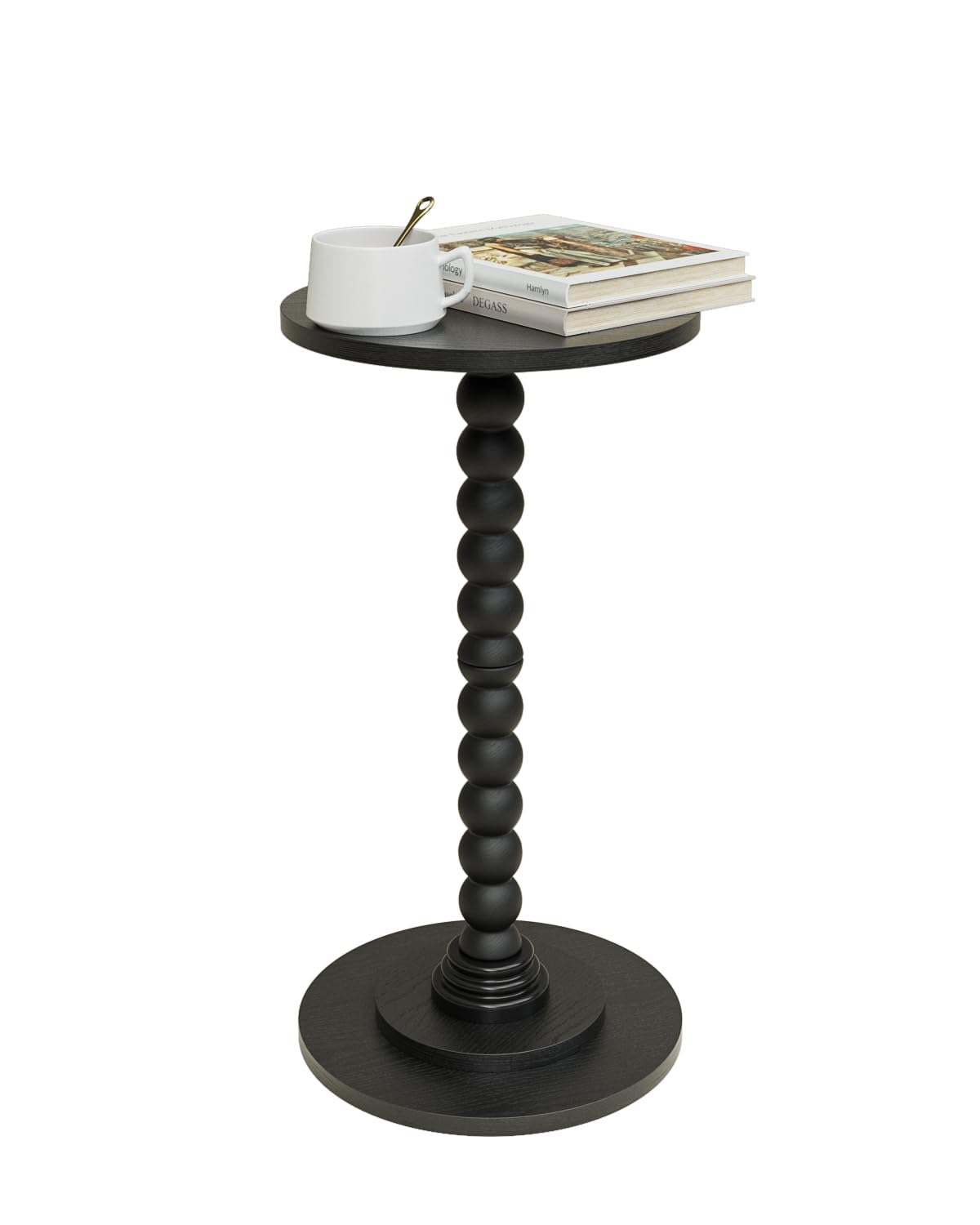 Masupu Round Side Table, Small End Table for Small Spaces, Pedestal Drink Table with Solid Wood Leg for Living Room, Bedroom, Corners(Black)