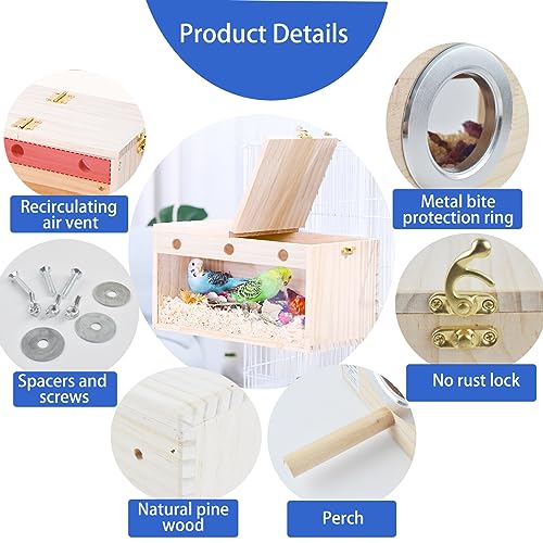 Image of Parakeet Nesting Box Pine Wood Breeding Box Bird House for Cage, Transparent Parakeet Birds Nest with Perch for Cockatiel, Canary, Small to Medium Birds, L:5.85x5.85x11.5 inches