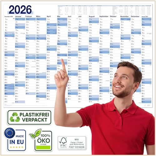 UNITURE Wandkalender 2026 XXL Großer Jahresplaner & Terminplaner für Büro Schule & Familie | Übersichtlicher Jahreskalender 2026 I Wandkalender 2026 groß gefalzt I Calendar 66 x 96 cm