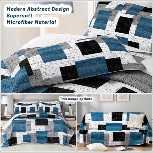 Image of Tyrot 3 Piece Teal Blue Quilt Full /Queen Black White Gray Bedding Set