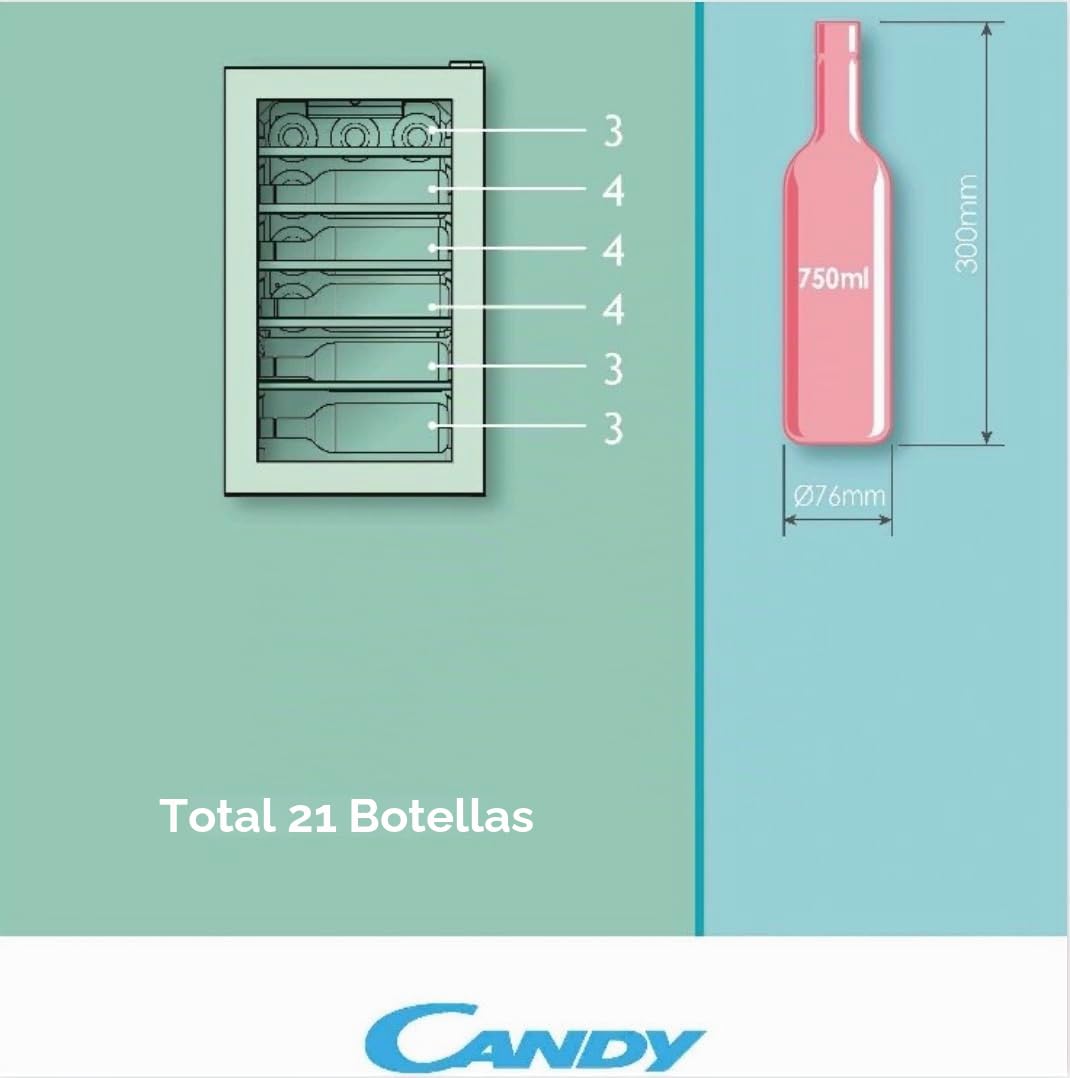Candy DiVino CWC 021 M/NF Vinoteca Vino, 21 botellas, App HOn con tecnología Vivino, estantes cromados, 39 dB, Clase G, 40 x 55 x 70 cm, negro [Clase de eficiencia energética G]