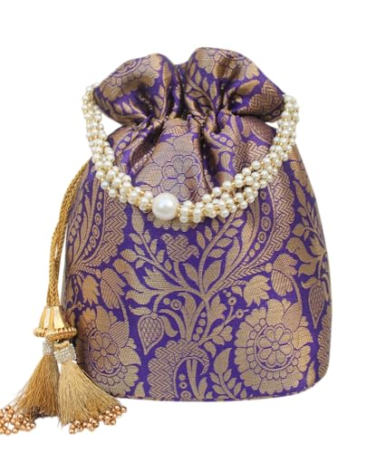 Image of MILAN'S CREATION Banarasi Silk Brocade Potli Bag Purse With Base Drawstring Women's handbag with Pearl Handle & Tassel Weddings