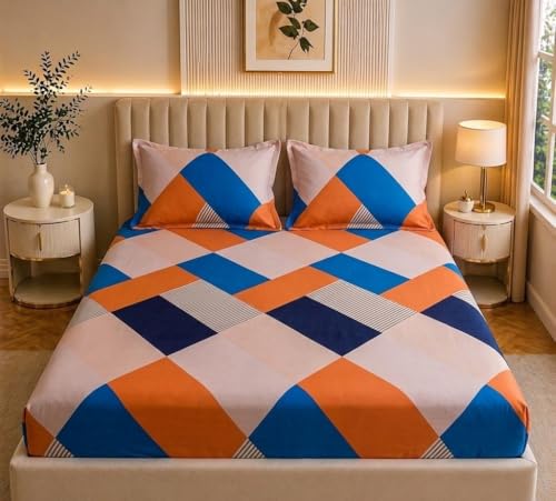 Image of Castiqa Elastic Fitted Supersoft Premium Brushed Cotton 200TC Double Bedsheets King Size 78x72 Inch with 2 Pillow Covers (Fits Upto Mattress of 10 Inches) (Peach)