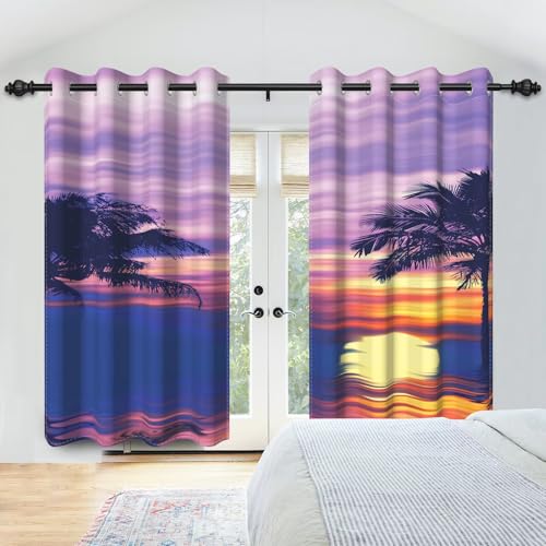 IKDZCM Cortinas Opacas de poliéster con diseño de Paisaje Tropical Natural, Cielo Estrellado, cocoteros y Atardecer, para Sala de Estar (Ancho x Alto: 2 x 125 x 180 cm)