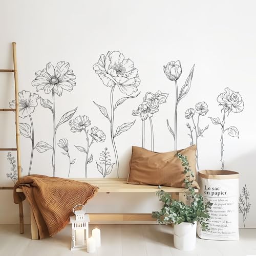 Large Black Boho Flower Wall Decals, 3 Sheets Simple Sketch Floral Wall Stickers Peony Wildflower Peel Stick Wall Art Decor Bedroom Home Room Office Garden Hall Adult Gifts for Mom(11.8x35.4 in/Sheet) by Supzone - Used condition - Image 5