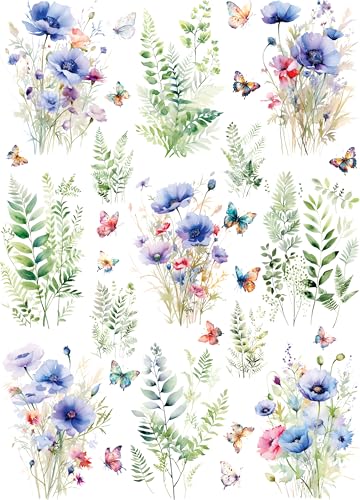 Blue Poppies Rice Paper, 11.5 x 16 inch (1pc) - Mulberry Paper for Decoupage Furniture Print Crafts by Craft Kreatively