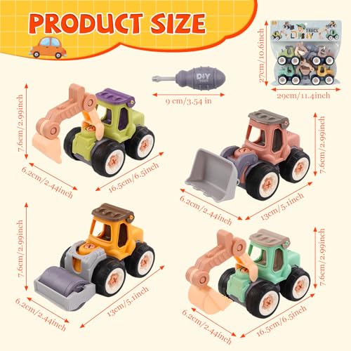 XIATIAN Baufahrzeuge Spielzeug, 4 Stück Spielzeug Auto Bagger Spielzeugs mit Schraubendreher, Bagger Spielzeugs ab 3 Jahre Zerlegen DIY Baufahrzeuge Lernspielzeug für Kinder