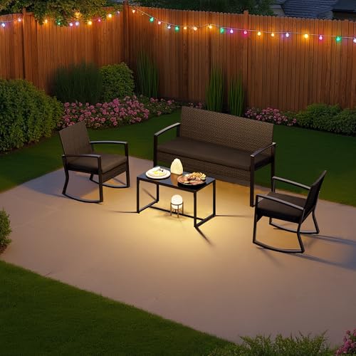 Image of Ahomly 4 Piece Outdoor Patio Furniture Set with Rocking Chairs, Black