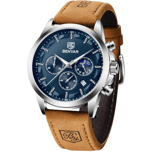 BENYAR Montre Homme Montres Etanche Chronographe Lumineuses Classique Montres Bracelet en Cuir Grand Cadran Date Analogique et Anti-Rayures Cadeau élégant,...