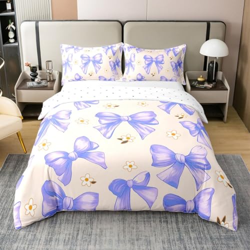 Homewish Juego de ropa de cama tamaño Super King para niños, adolescentes y adultos, funda de edredón de algodón con diseño de margaritas de fantasía y lazo Kawaii, juego de cama estético moderno