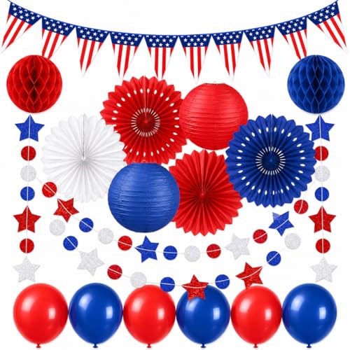 Image of 16PCS 4th of July Patriotic Decorations Set - Red White Blue Party Supplies with Paper Fans, Balloons, USA Flag Pennant - Memorial Day, Veterans Day, Election & Independence Day Party Decor